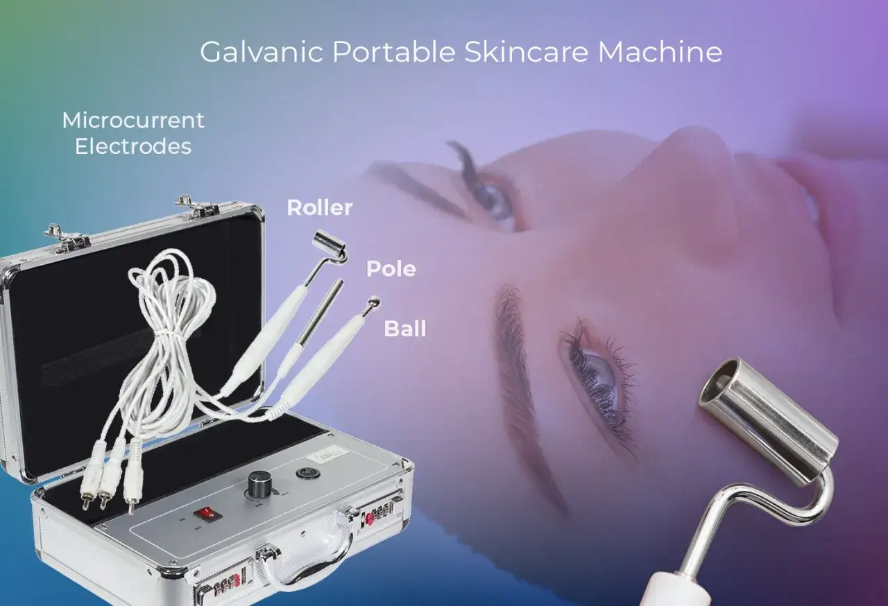 Galvanic current is used when a portable skincare machine with microcurrent electrodes, including a roller, pole, and ball, is applied to the face for rejuvenation.
