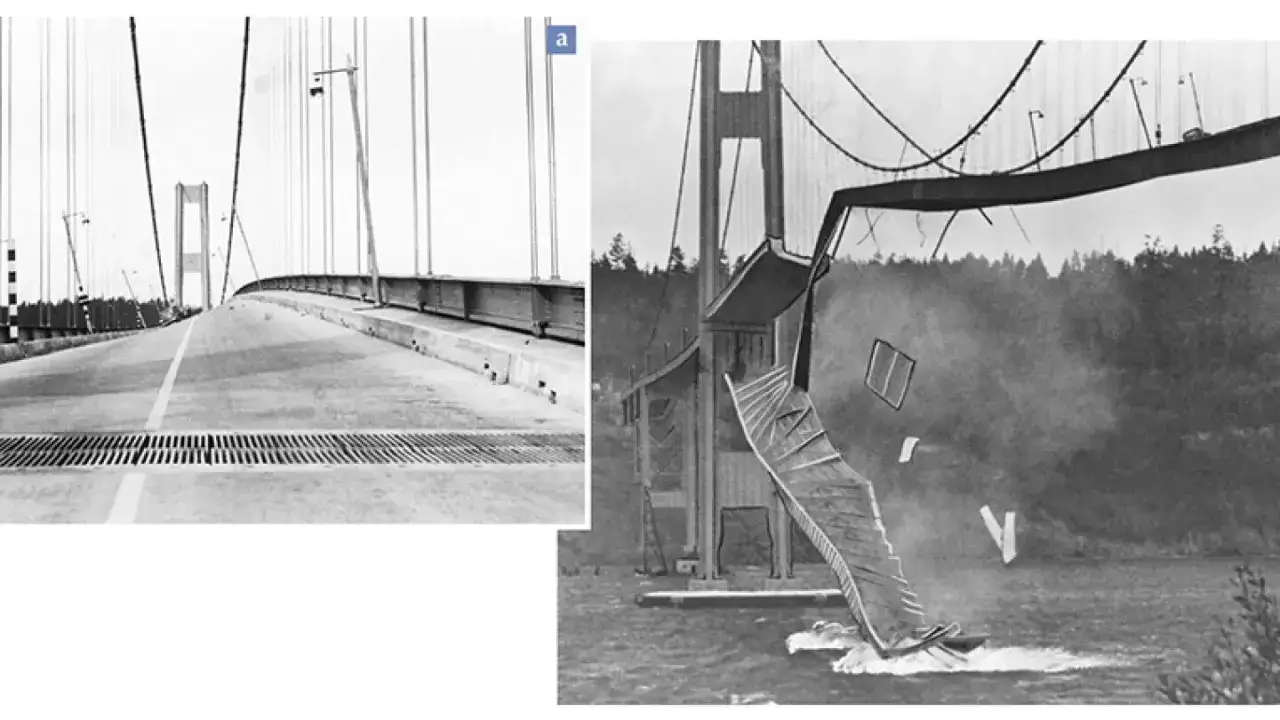Die Tacoma Bridge im Moment ihres Einsturzes. Ein Teil der Br&uuml;cke st&uuml;rzt ins Wasser, w&auml;hrend ein anderer Teil noch steht.