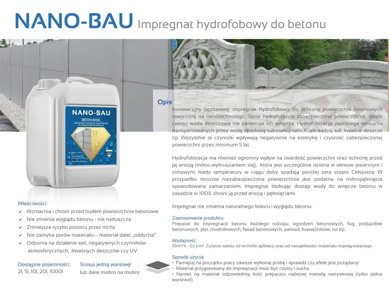 NANO-BAU Beton Basic - impregnat hydrofobowy do betonu. Chroni przed wodą, solą i mrozem, tworząc trwałą powierzchnię hydrofobową.