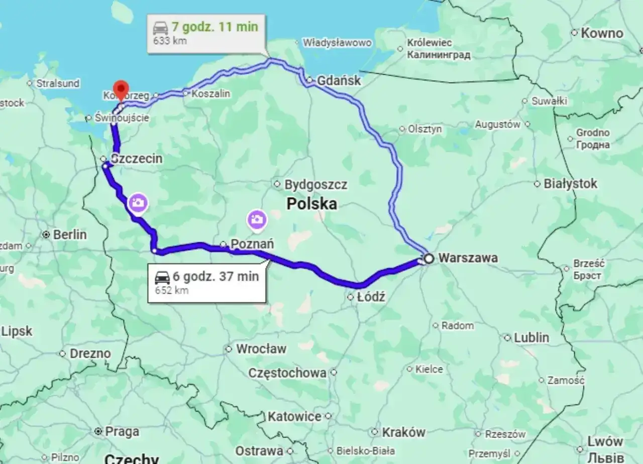 Trasa samochodowa przez Polskę, od wybrzeża (Kołobrzeg) przez Szczecin, Poznań, Łódź do Warszawy. Ile hoteli Golebiewski znajduje się po drodze?