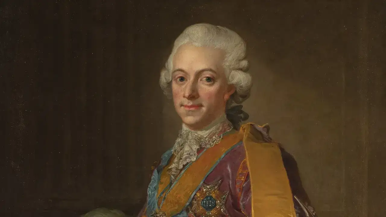 Porträtt av Gustav III, far till Gustav IV Adolf. Han bär en lila sammetsrock med gyllene band och en spetskrage.