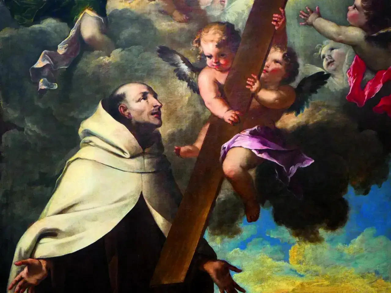 Un monje mira hacia arriba, abrazando una cruz mientras querubines revolotean. A pesar de la aparente oscuridad, hay una esperanza que disipa la noche oscura del alma.