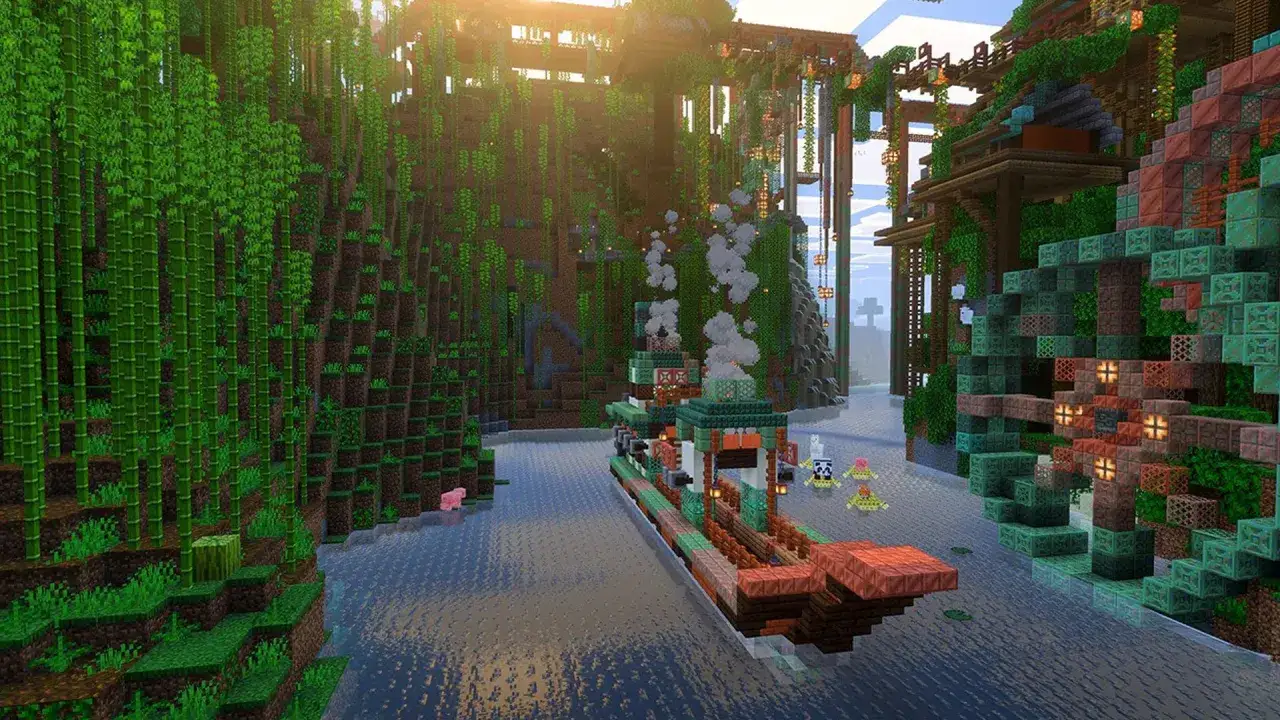 Parowiec w bambusowym lesie, pokazujący najlepsze mody do Minecraft. W tle widać wioskę na wodzie.