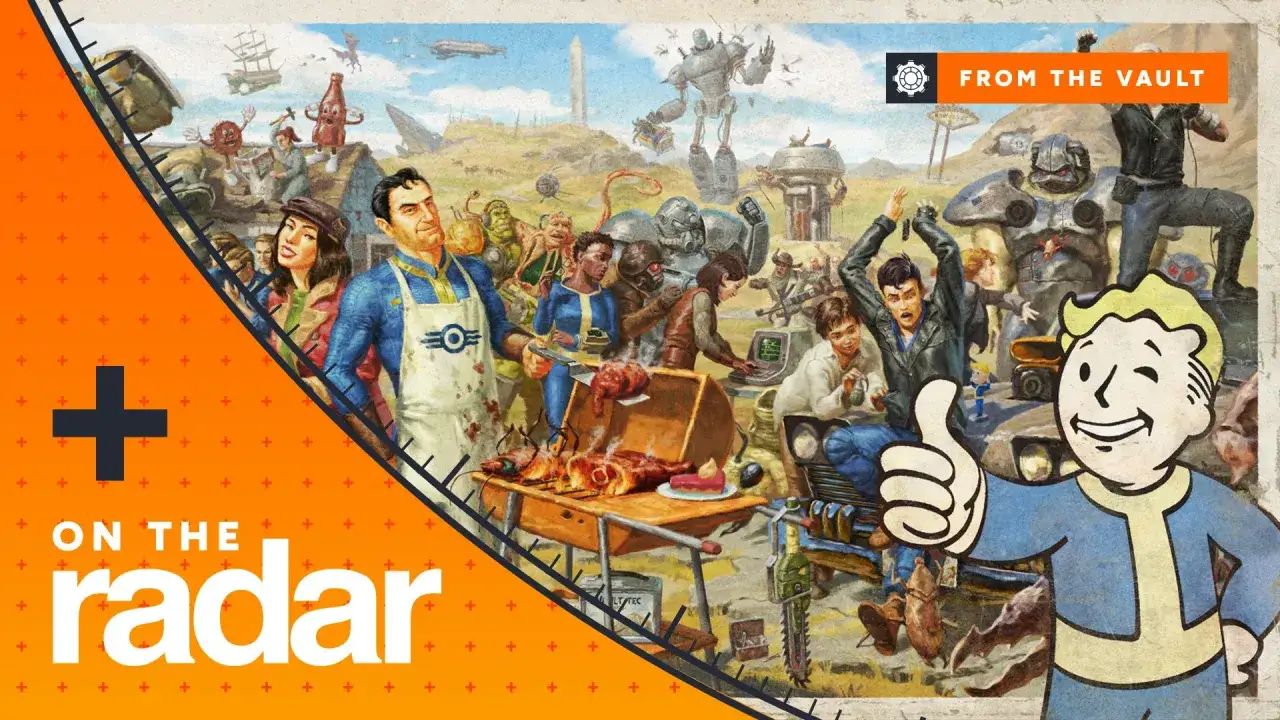 Postapokaliptyczna impreza z serii Fallout: grillowanie, roboty, mutanty i Vault Boy dający kciuk w górę.