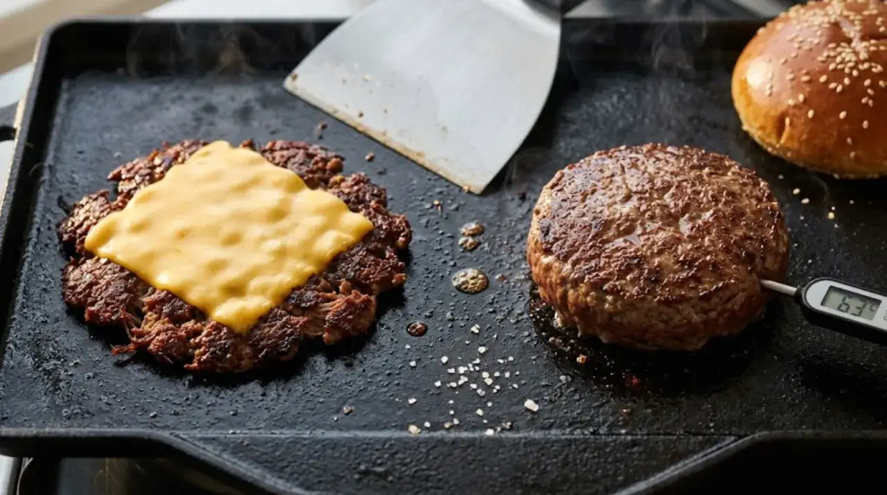 Idealny smashburger z serem, gotowy do podania. Obok piecze się drugi kotlet, a w tle bułka.