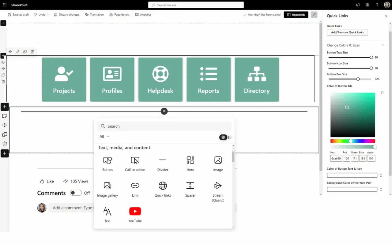 Interface de cr&eacute;ation d'une page SharePoint avec des options de personnalisation des liens rapides et des &eacute;l&eacute;ments de contenu.