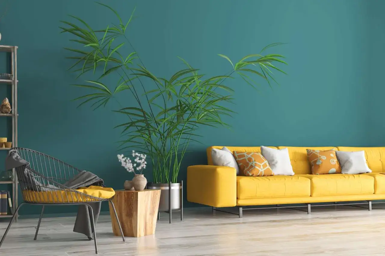 Ein gelbes Sofa und ein Sessel mit grauer Decke vor einer türkisfarbenen Wand. Eine große Pflanze bringt Leben in die **Raumfarben**.