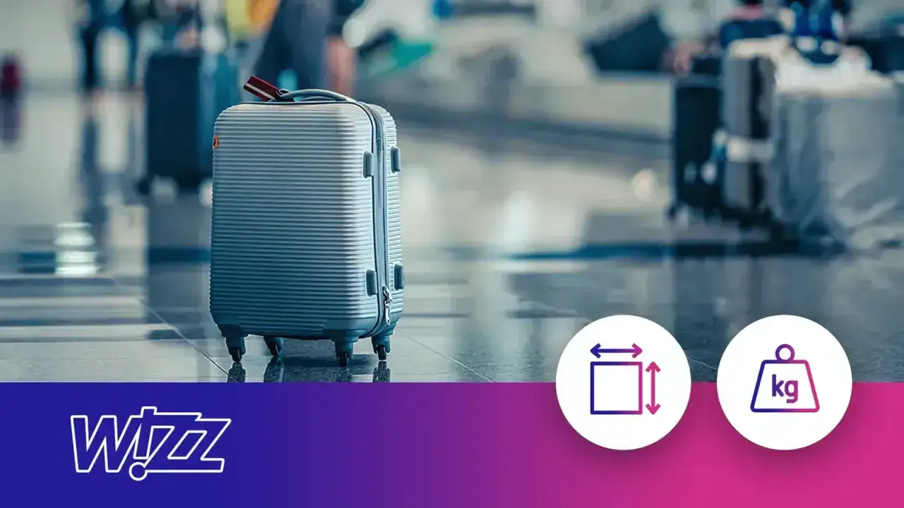 Podręczna walizka na kółkach Wizzair gotowa do podróży. Ikony symbolizują wymiary i wagę bagażu.