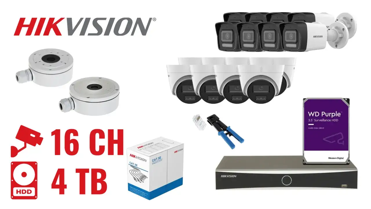 Zestaw monitoringu Hikvision: rejestratory, kamery, dysk 4TB, okablowanie i akcesoria.