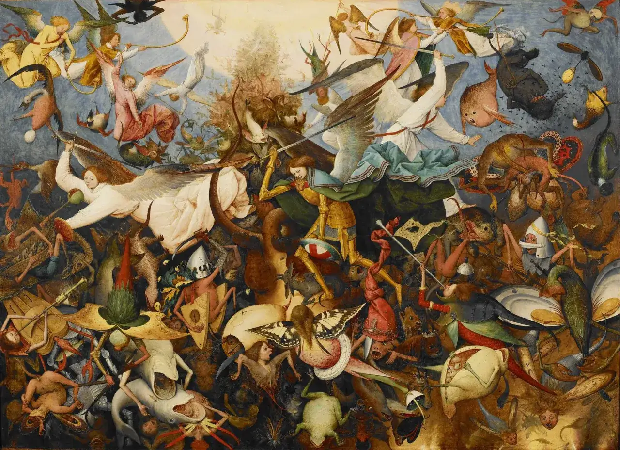 A chaotic scene from old masters paintings, depicting angels battling demons amidst bizarre creatures and torment.