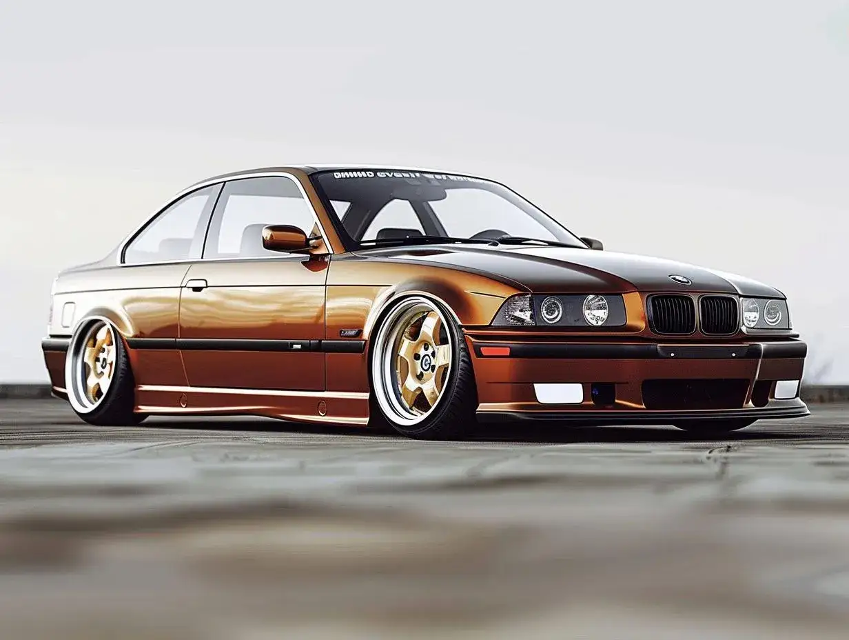 Złote felgi i miedziany lakier podkreślają sportowy charakter tego klasycznego BMW E36.