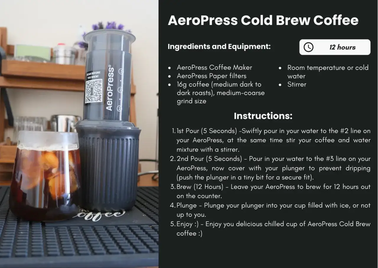 AeroPress do kawy cold brew, z kawą i lodem w szklance. Idealna ilość kawy do zaparzenia.