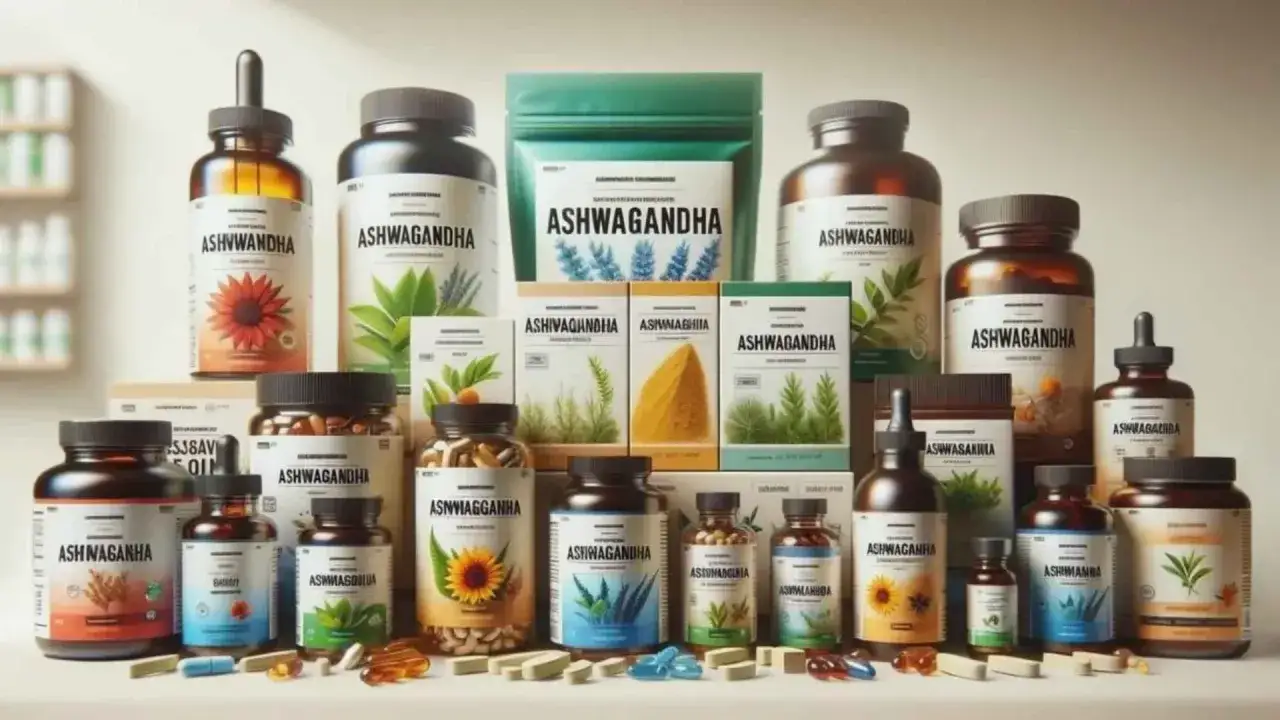 R&oacute;żne formy suplement&oacute;w ashwagandha (kapsułki, proszek, krople)