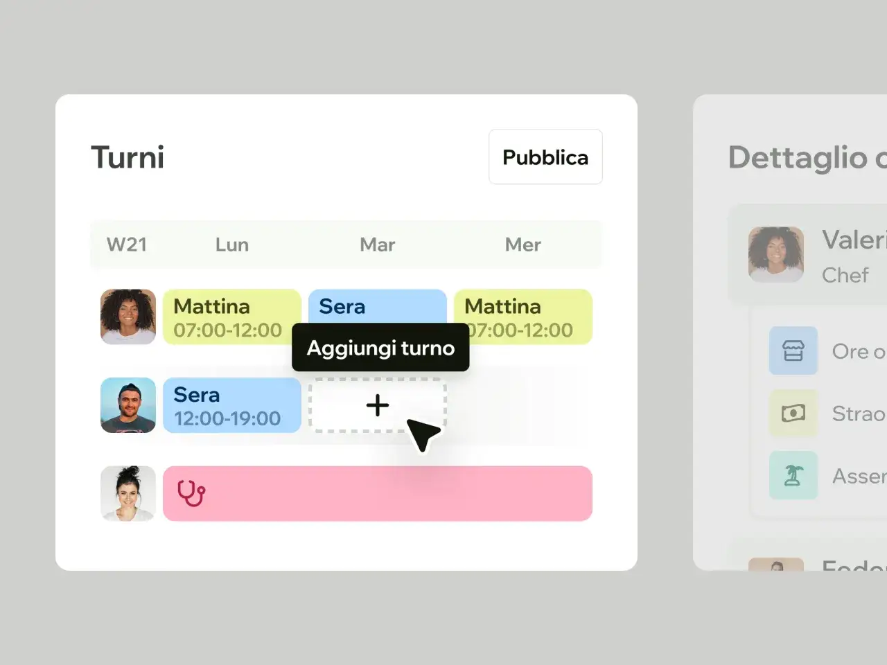 Interfaccia per la gestione del personale: visualizza turni, aggiunge nuovi turni e pubblica orari.