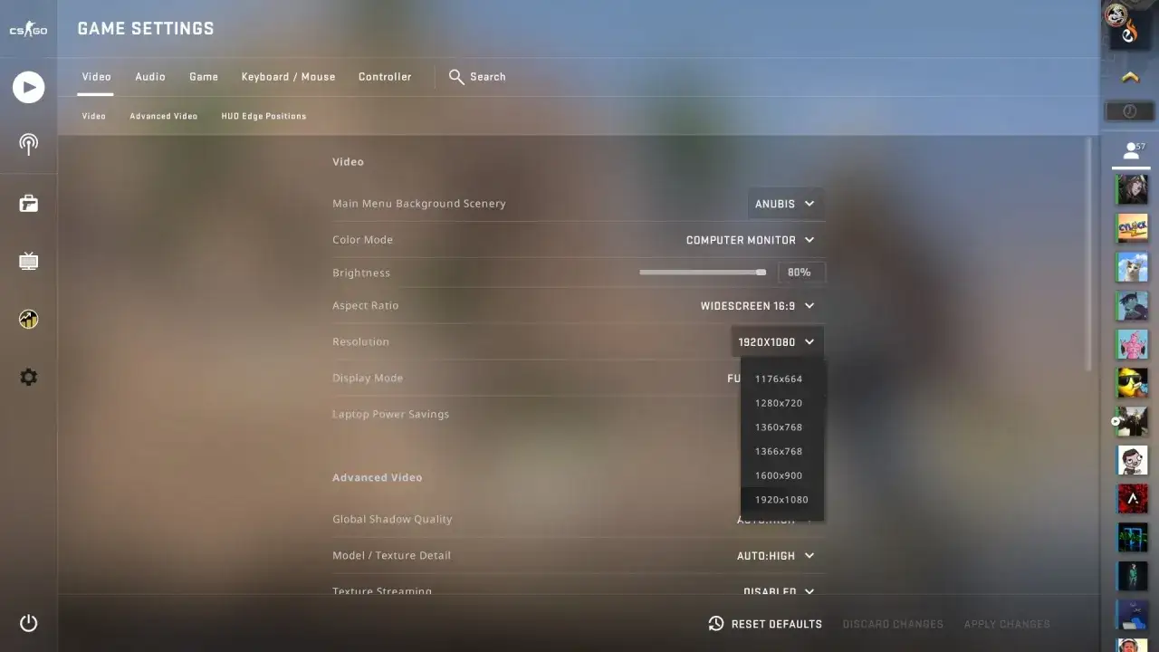 Ustawienia wideo w CS2: wybór rozdzielczości 1920x1080, jasność 80%, proporcje Widescreen 16:9.