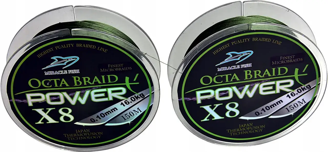 Dwie szpulki zielonej żyłki wędkarskiej Miracle Fish Octa Braid Power X8. Najmocniejsze plecionki, 0.10mm, 16.0kg, 150m.