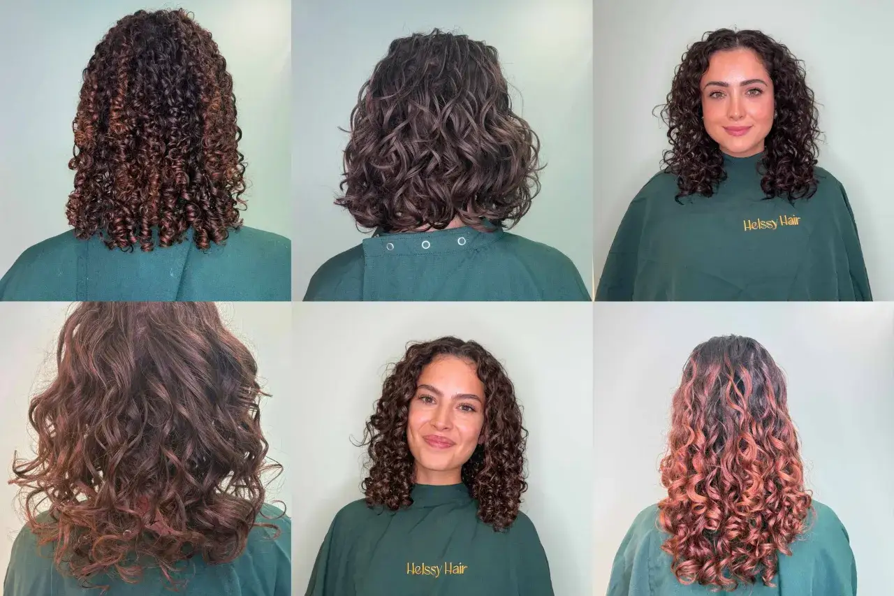 Magnifique coupe boucles, avant et après, montrant la transformation des cheveux. La cliente arbore un sourire radieux avec ses nouvelles boucles définies.