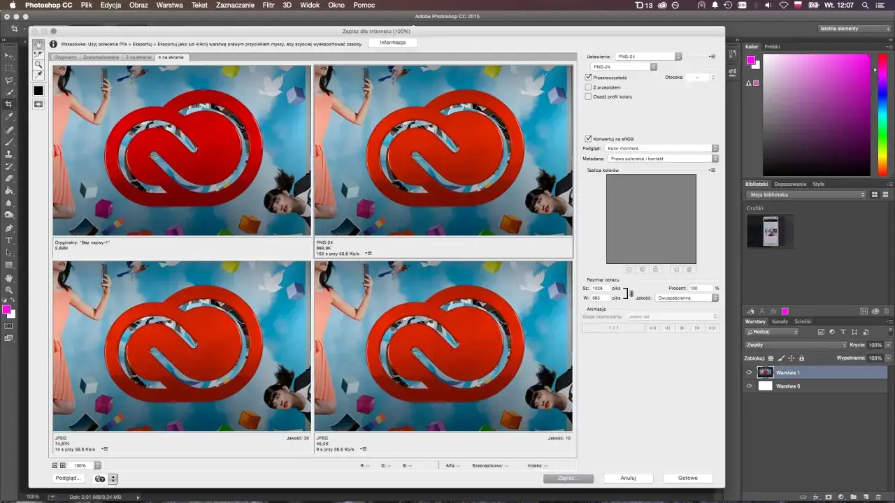 Photoshop Zapisz dla Internetu interfejs