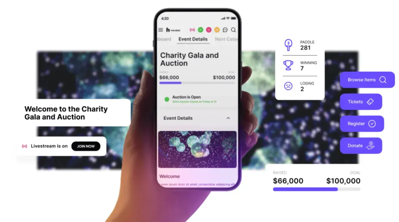 Learn how to do a silent auction online with this app interface showing event details, raised funds, and options to browse items, buy tickets, register, or donate.
