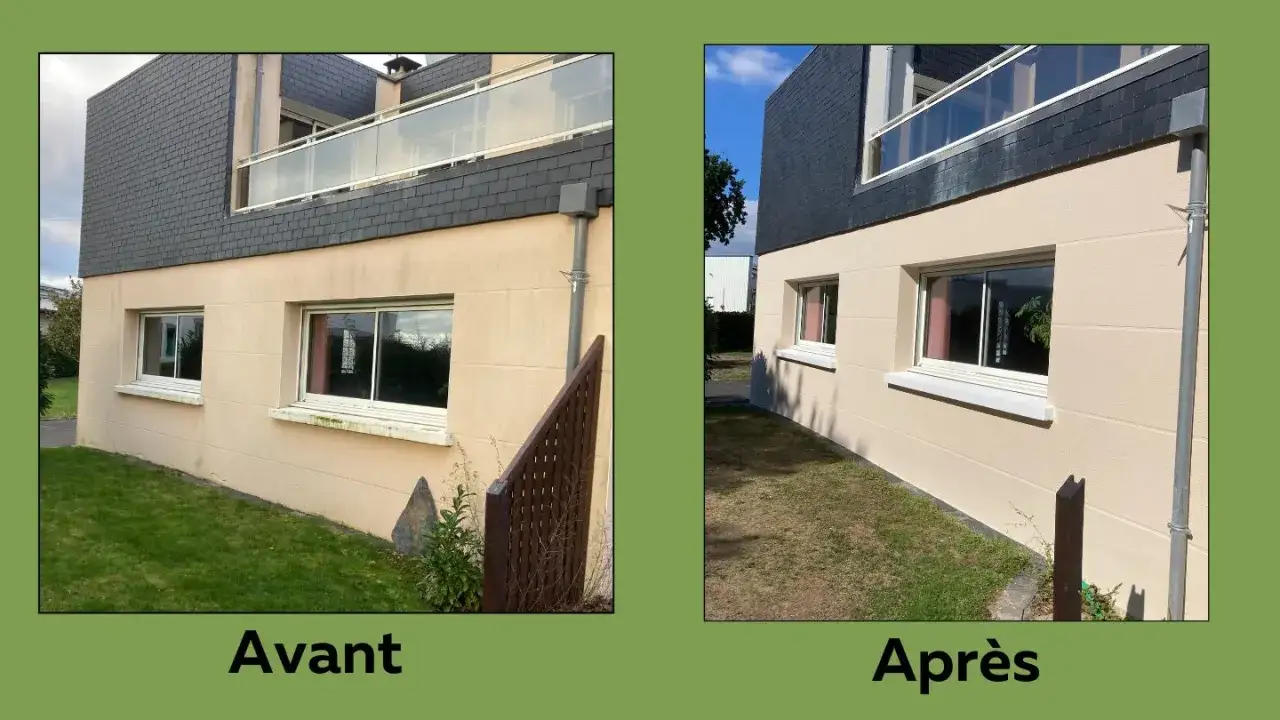 Avant/Après : le mur extérieur a été nettoyé, enlevant le vert et la saleté.