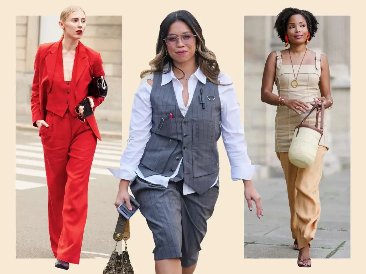 Trzy kobiety prezentują stylowe zestawy w stylu business casual: czerwony garnitur, szary komplet z kamizelką i beżowa sukienka z luźnymi spodniami.