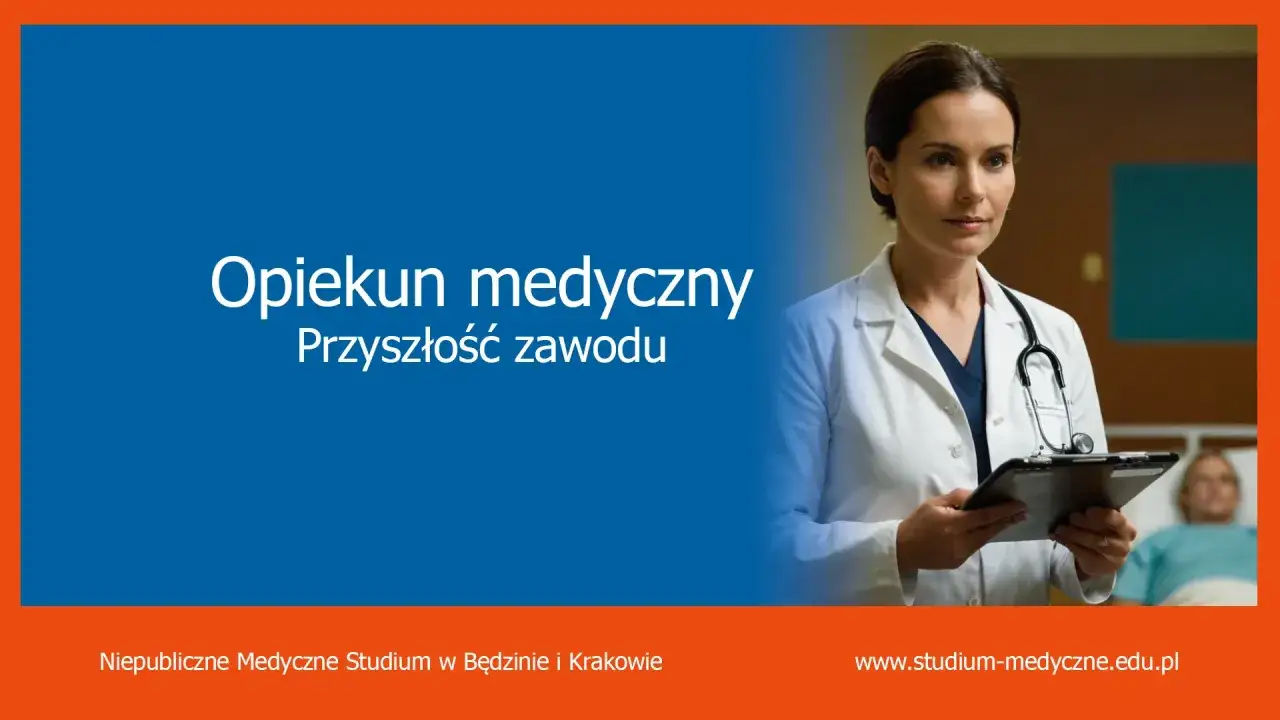 Opiekun medyczny - przyszłość zawodu. Kobieta w białym fartuchu z dokumentacją w ręku, w tle pacjent.