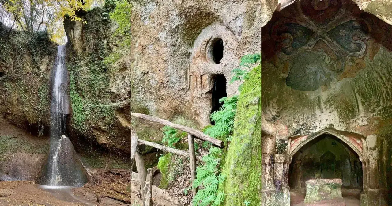 Cascata e grotte scavate nella roccia, tra cui un ingresso con decorazioni e un interno con affreschi, nel suggestivo eremo di Poggio Conte.