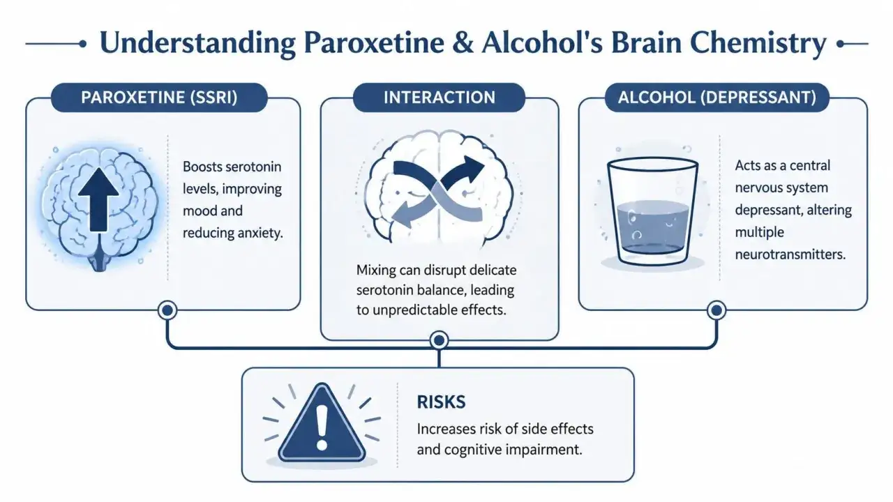 Illustration visar hur paroxetin och alkohol påverkar hjärnan. Att blanda paroxetin och alkohol kan leda till risker och kognitiv påverkan.