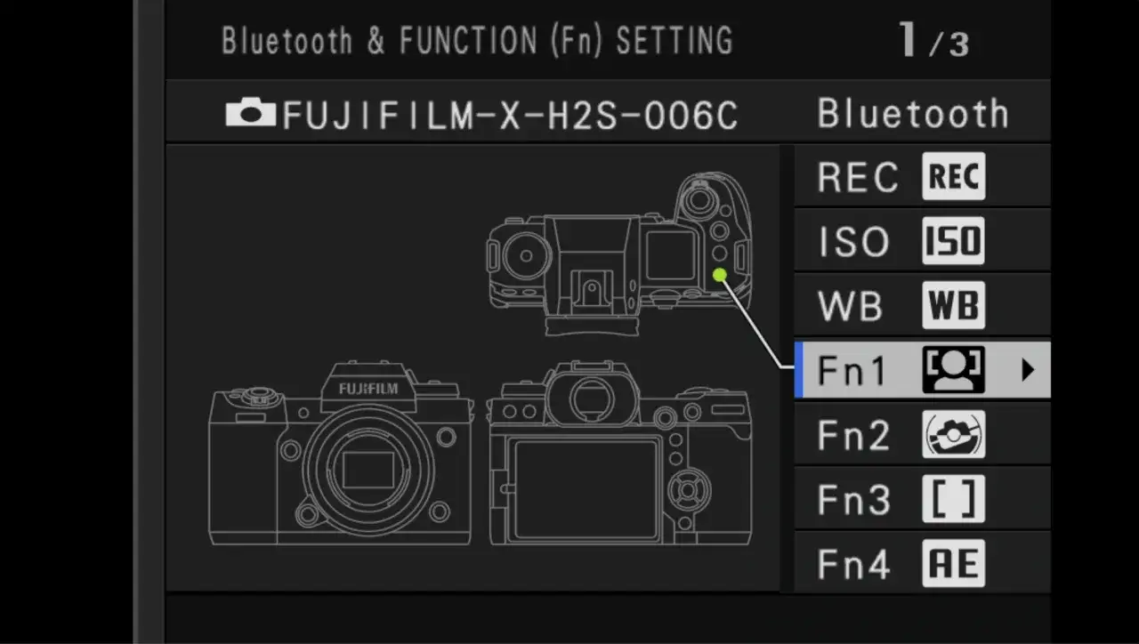 Menu ustawień funkcji aparatu Fujifilm XH2S. Widoczne opcje to Bluetooth, REC, ISO, WB, Fn1, Fn2, Fn3, Fn4.