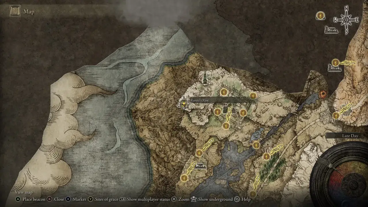 Mapa de Elden Ring. Se ve la zona de Ranni's Rise, con varios puntos de gracia y caminos que parecen una lágrima mimética.