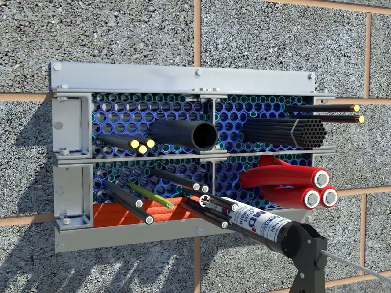 Aplicaci&oacute;n de espuma intumescente para sellar conductos y cables en una pared de bloques.