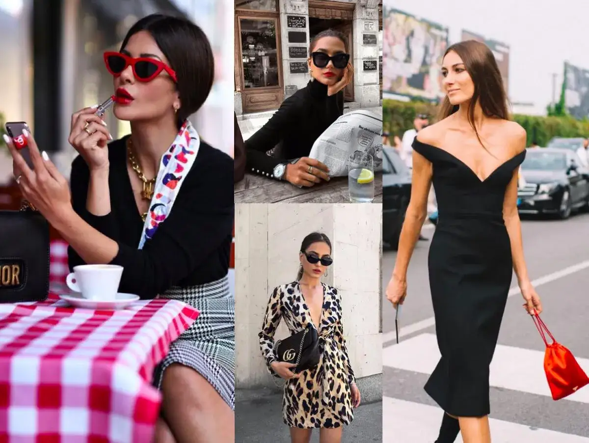 Elegancka włoska moda uliczna: kobieta maluje usta, czyta gazetę, w czarnej sukience i w panterkowej kreacji.