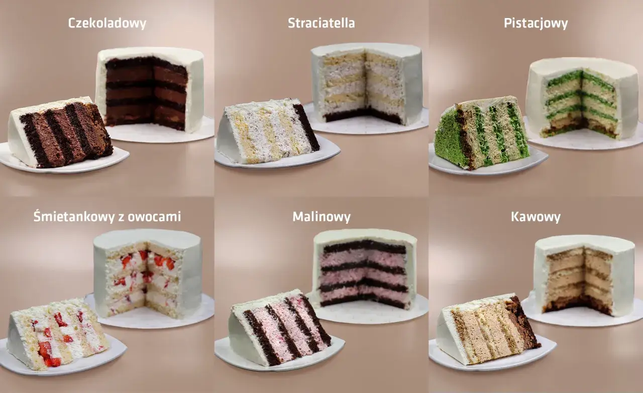 Szukasz, gdzie kupić ozdoby na tort? Zobacz te pyszne torty: czekoladowy, straciatella, pistacjowy, śmietankowy z owocami, malinowy i kawowy.