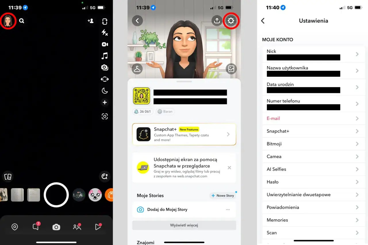 Ekran ustawień Snapchata. Widzimy profilowy awatar, QR kod, opcje Snapchat+ i
