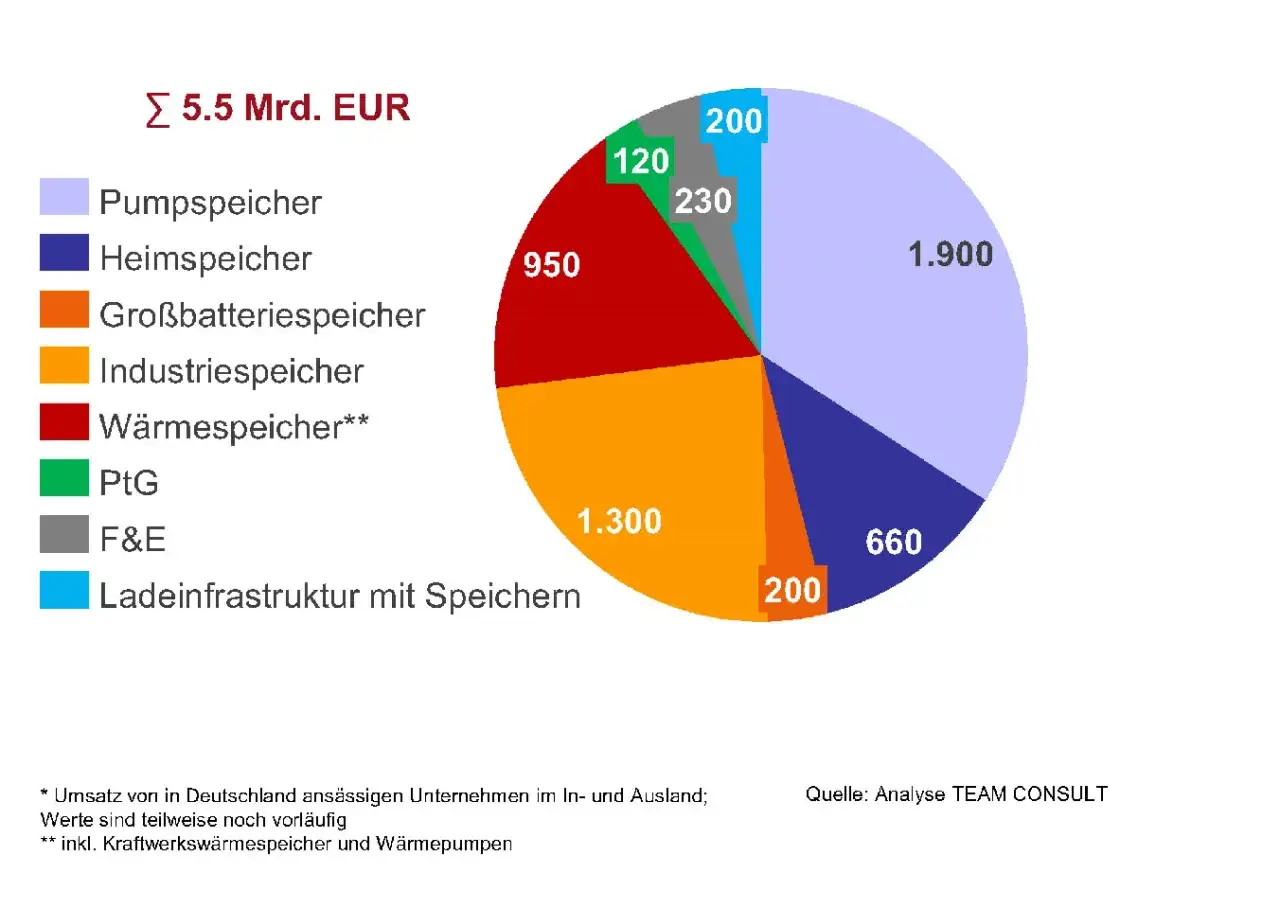 Diagramm zeigt Marktanteile verschiedener energie speicher. Größter Anteil: 1.900 Mio. EUR.