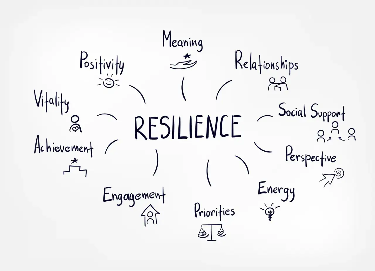 Resilienz entsteht durch Ressourcen wie Positivit&auml;t, Vitalit&auml;t, Beziehungen, Sinn, soziale Unterst&uuml;tzung, Energie, Priorit&auml;ten, Engagement, Leistung und Perspektive.