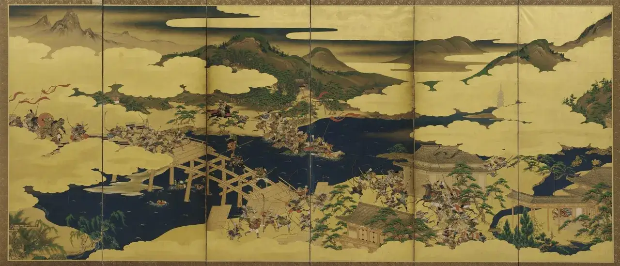 Epic battle unfolds across a folding screen, showcasing dynamic Japanese paintings of warriors clashing on a bridge and by water.
