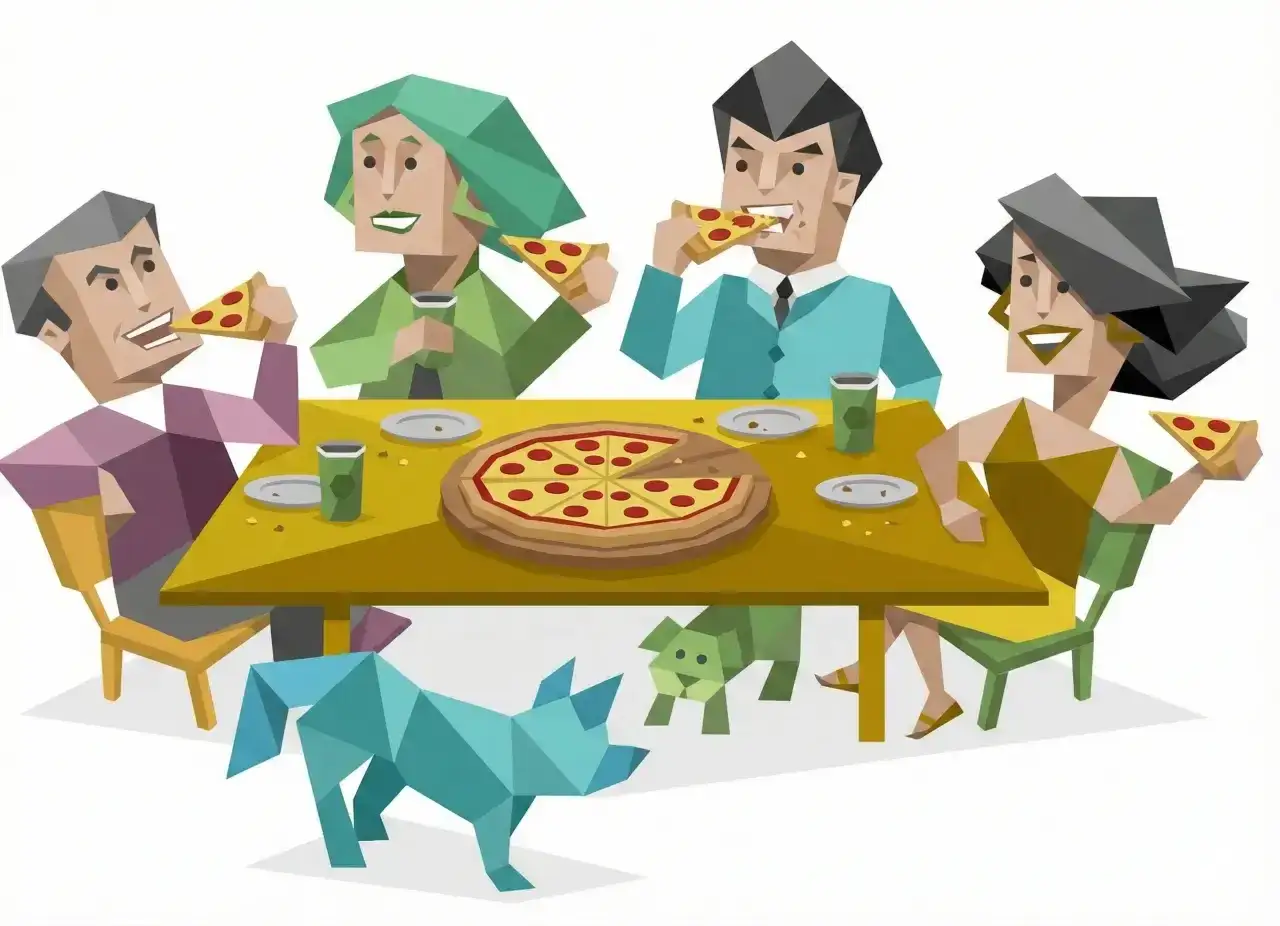 Rodzina przy stole je pizzę, a dwa geometryczne psy patrzą na jedzenie. Jaka pizza jesteś?