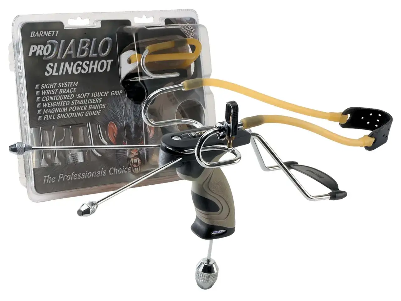 Barnett Pro Diablo Slingshot, profesjonalna proca z systemem celowania, stabilizatorami i mocnymi gumami.