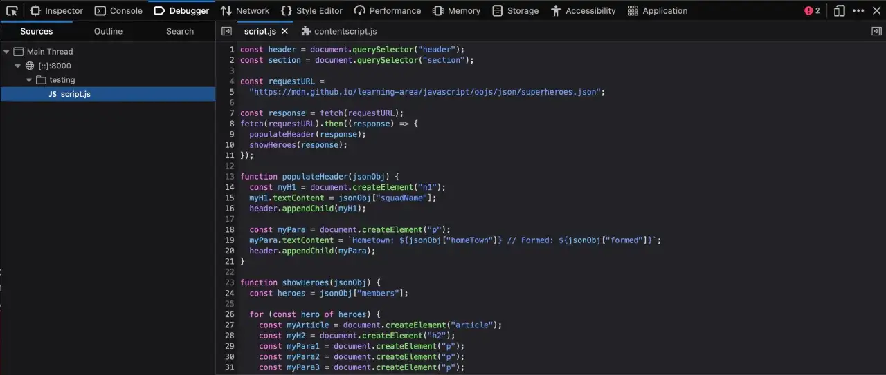 Widok narzędzi deweloperskich przeglądarki z otwartym plikiem script.js. Kod JavaScript pobiera dane o superbohaterach.