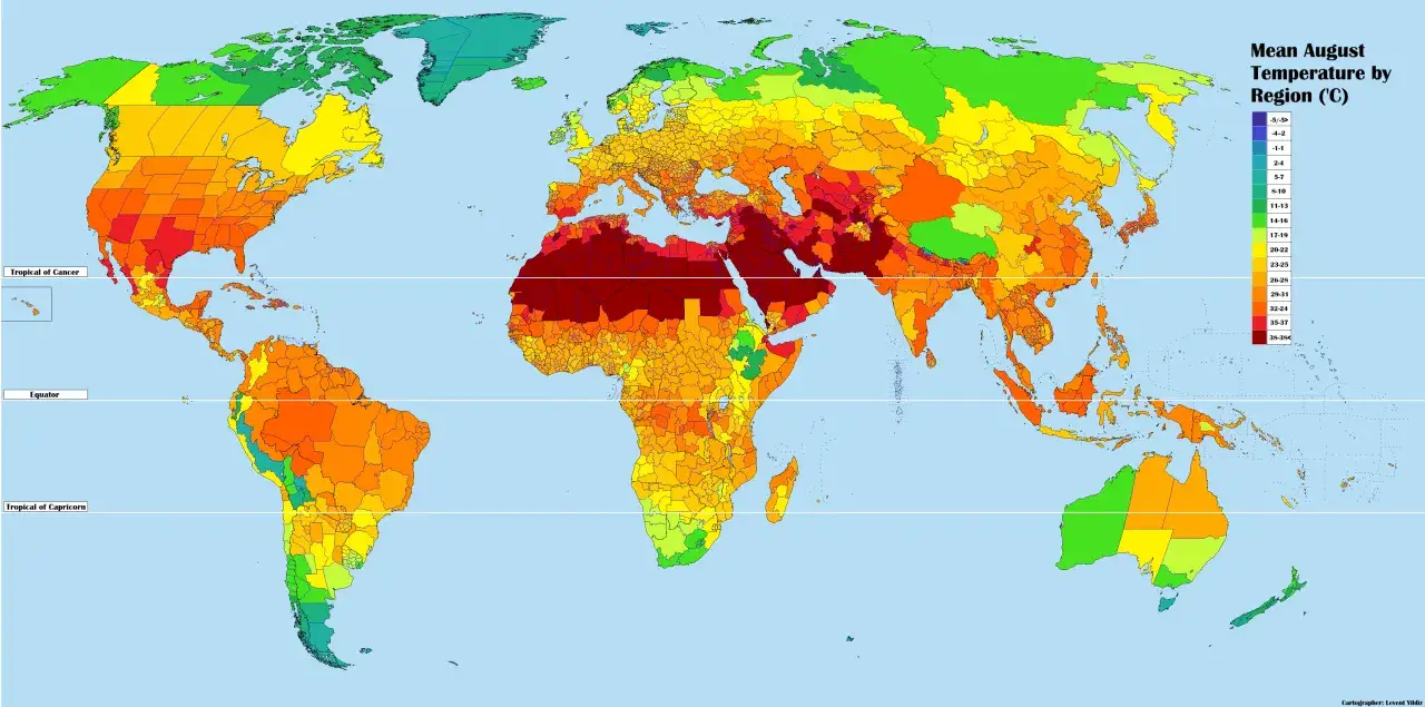 Mappe delle temperature medie di agosto fuori Europa: Africa e Medio Oriente molto caldi, Asia e Americhe con variazioni.