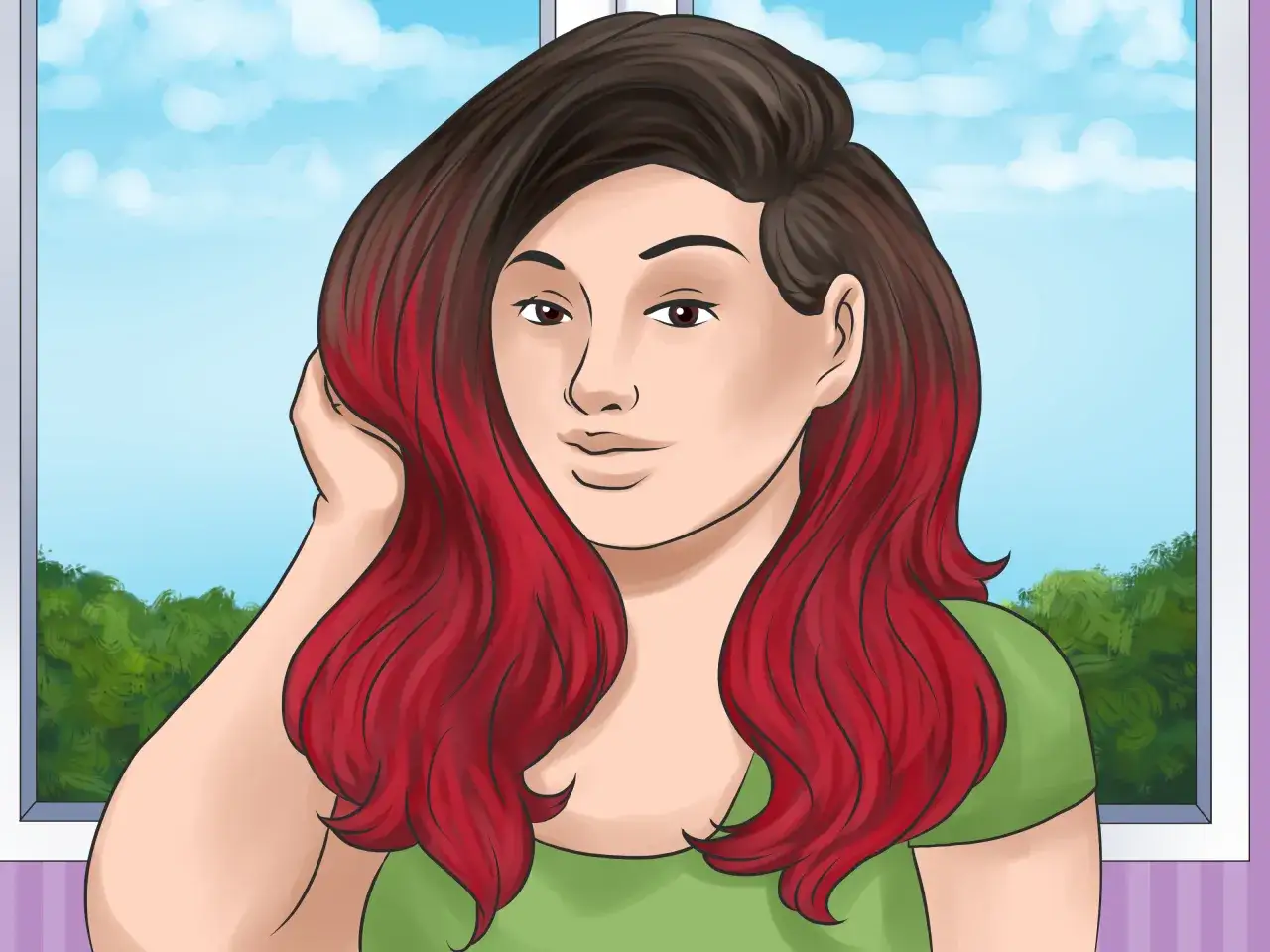 Frau mit braunem Haar, das in leuchtendem Rot ausl&auml;uft. Sieht aus, als h&auml;tte sie ihr **Ombre selber machen** wollen und es ist ihr gut gelungen.