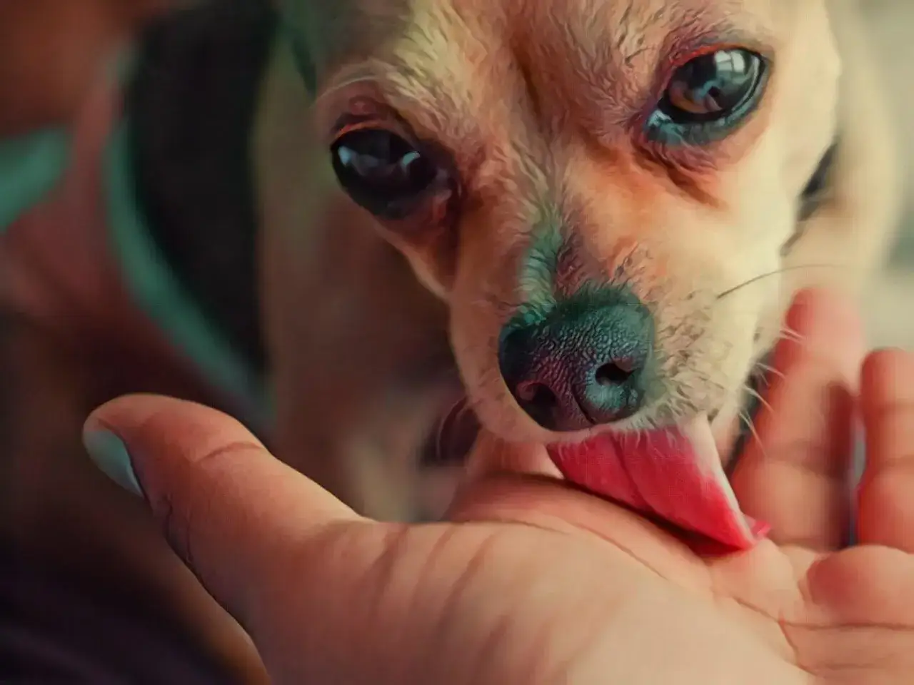 A small dog licks a human hand. This is one of the many reasons why do dogs lick you: showing affection and care.