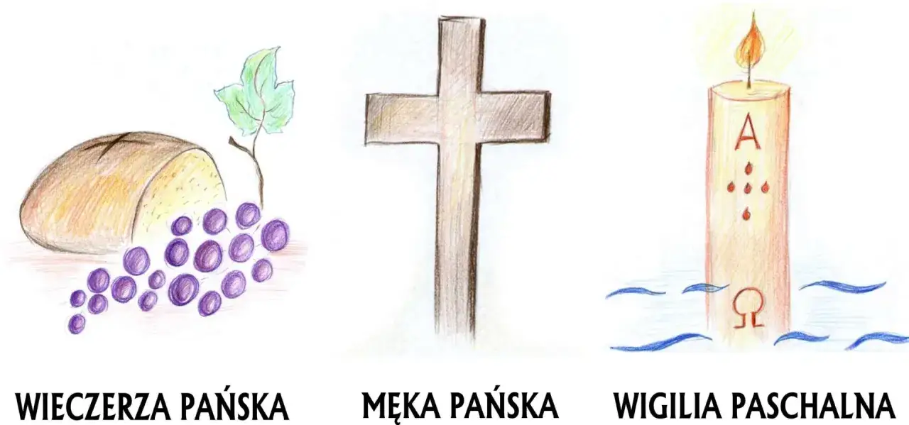 Chleb i winogrona (Wieczerza Pańska), krzyż (Męka Pańska) i paschał (Wigilia Paschalna) - to symbole Triduum Paschalnego.