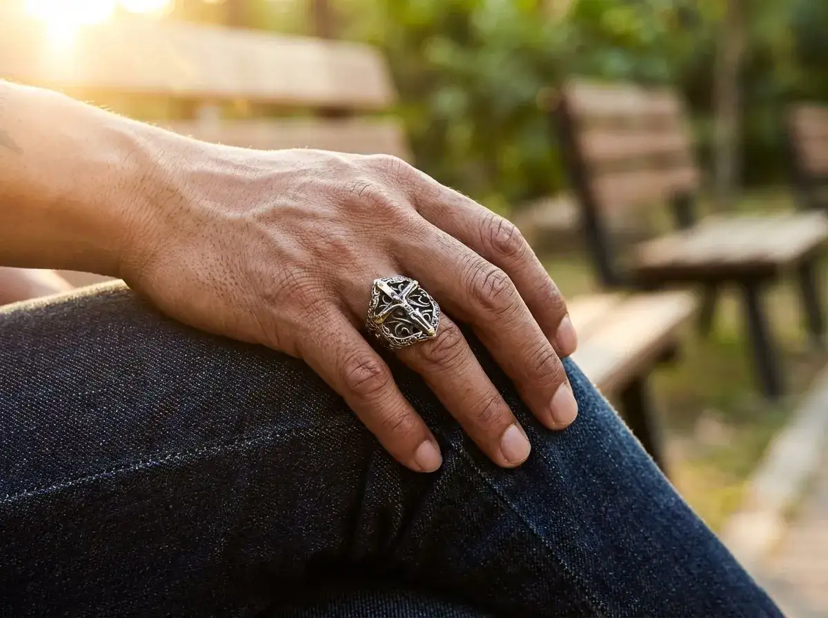 Un uomo indossa un anello con croce, simbolo di fede e protezione. Il suo significato profondo si riflette nel design intricato.