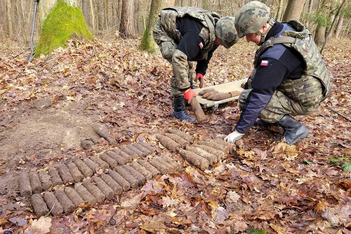 Kto to saper? Dwóch żołnierzy w lesie zbiera znalezione pociski.