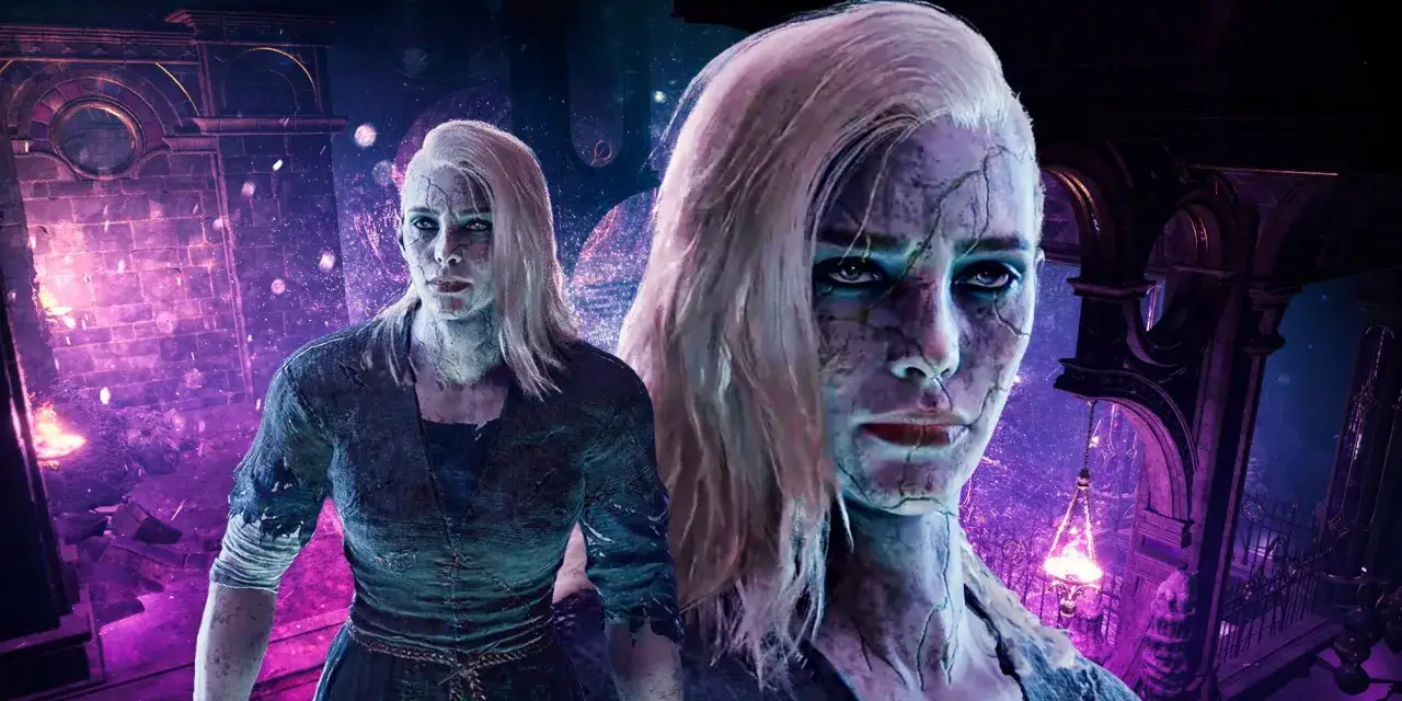Postać z Baldur's Gate 3, z popękaną skórą i bladymi włosami, w mrocznym, fioletowym otoczeniu. To pieśń nocy BG3.