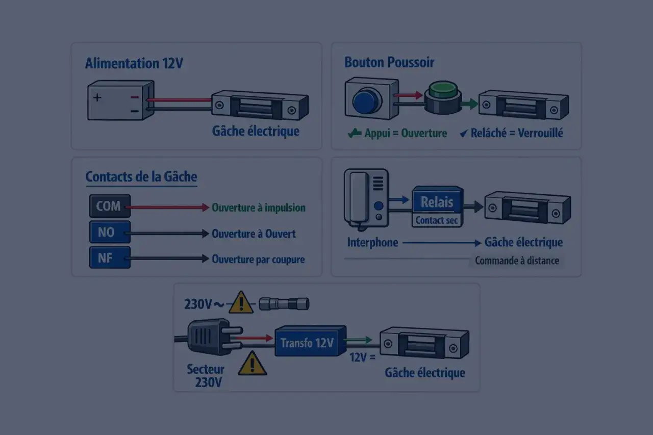 Schéma de branchement d'une gâche électrique 12V avec alimentation, bouton poussoir, interphone et contacts.