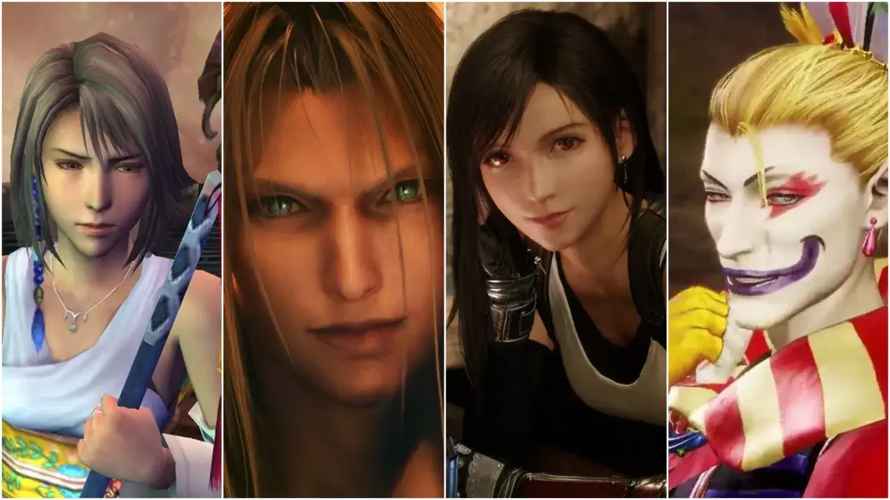 Kadr z gry przedstawia cztery ikoniczne final fantasy postacie: Yuna, Sephiroth, Tifa i Kefka.