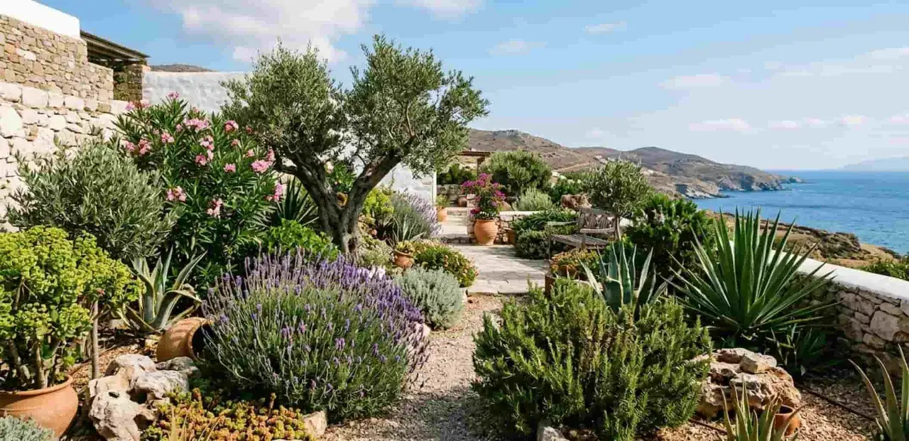 Jardines con piedras, lavanda y olivos, con vistas al mar azul. Un camino de losas serpentea entre la vegetación exuberante y las rocas.